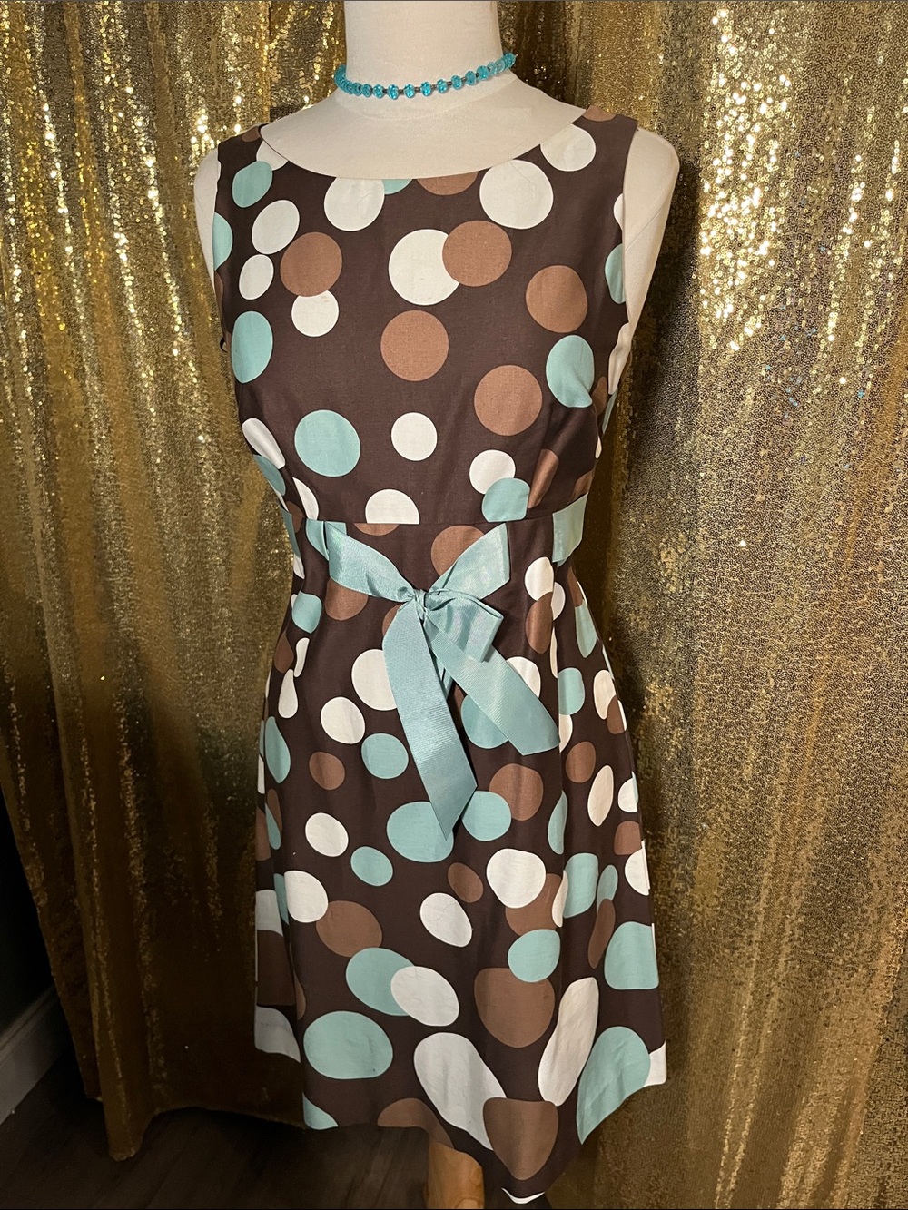 Jessica Howard Brown Dress with Aqua and White Polka Dots